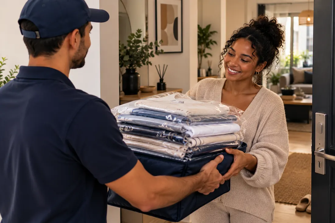 Un livreur remet à une cliente son linge propre, plié et protégé