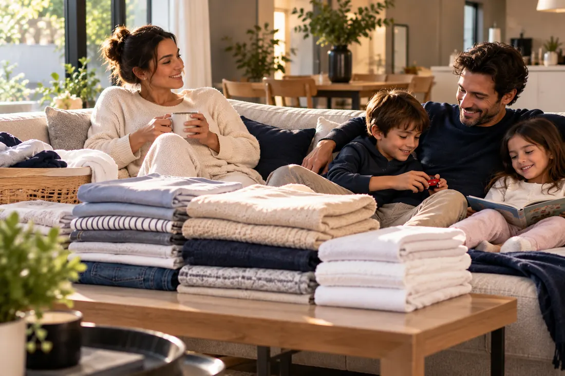 Une famille détendue sur le canapé, avec des piles de linge propre sur la table