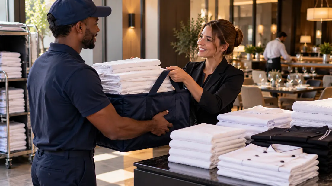 Un livreur remet un sac de linge à une responsable d'établissement, entourée de piles de linge plié